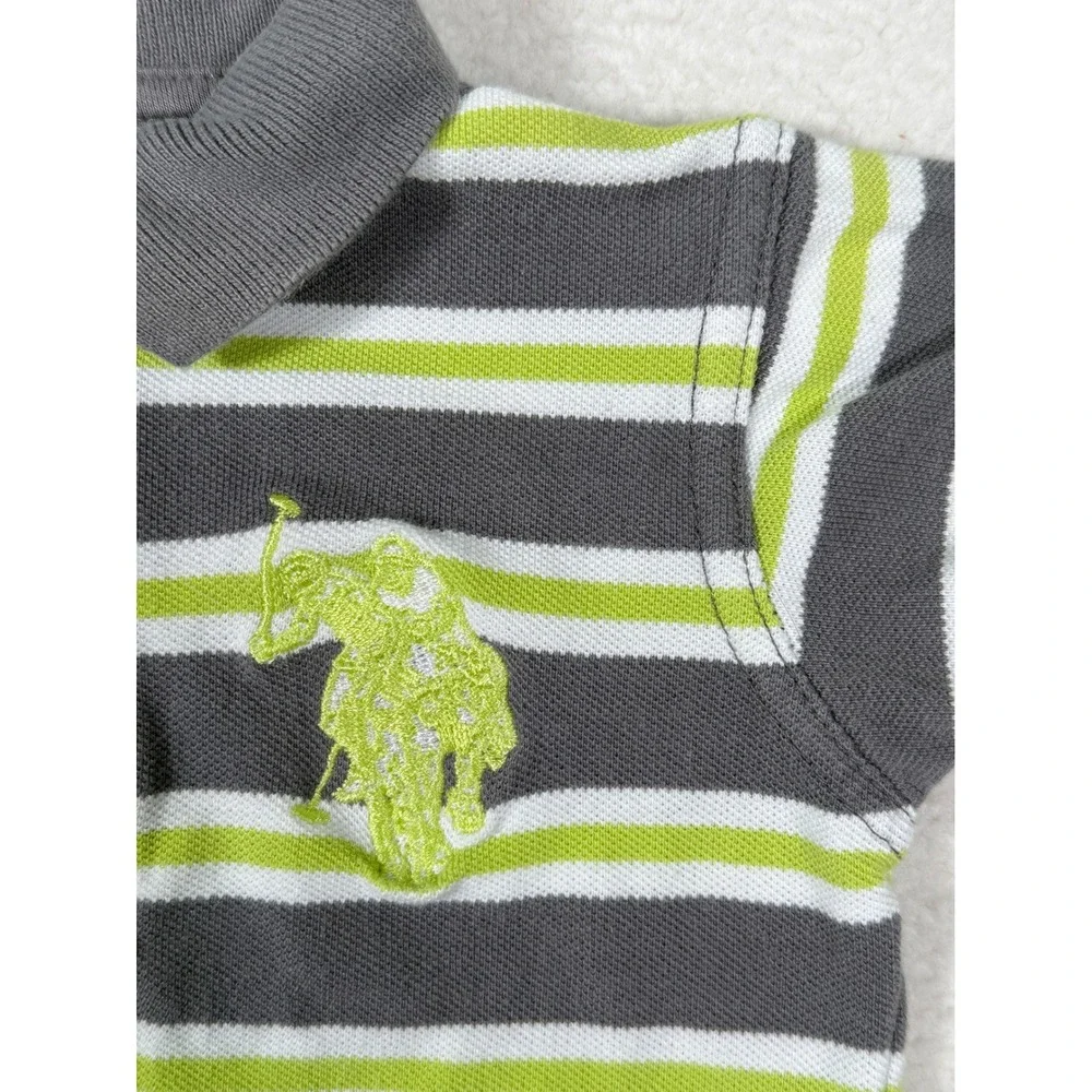 US Polo Assn Baby Boys Striped Polo Romper Grey Lime Green 6/9M